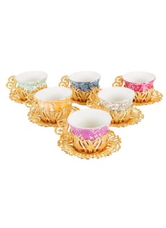 Buy 6-Piece Arabic & Turkish Coffee Set – Includes 6 Colorful Patterned Glass Cups with Stunning Gold Copper Saucers and Holders for a Luxurious Tea Experience! Made in Türkiye in Saudi Arabia