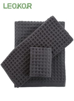 Buy 3 Sizes Towel Set Quick Dry Ultra Soft Light Weight and Absorbent Waffle Towel Grey in Saudi Arabia