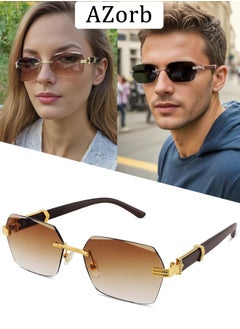 Buy Rimless Sunglasses Women Men Wood Grain Frameless Fashion Sun Glassess Mens Womens Rectangle Men's Sunglasses Ladies Sunglass Vintage Eyewear UV400 Protection Shades Tinted Gradient Lens Brown in Saudi Arabia