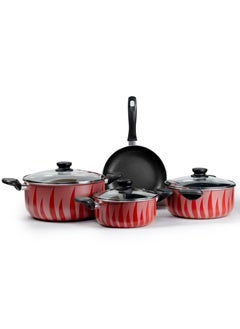 Buy Red & Black Flame Design Nonstick Cookware Sets, 7 Pcs Pots and Pans Set Kitchen Cooking Set, Compatible with All Stovetops in UAE