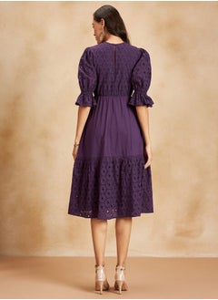 Buy Cotton Schiffli Tiered Midi Dress with Puff Sleeve in Saudi Arabia