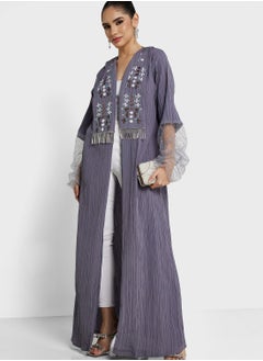 Buy Textured Abaya With Trim Detail & Sheila in UAE