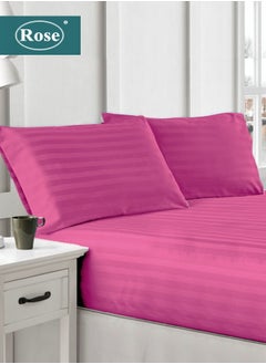 Buy Rose Luxurious Hotel Stripe Fitted Sheet with Deep Pockets and Pillow Cases, Bed Sheet 3-Pieces Set, Soft & Silky Microfiber Fabric, Breathable and Cooling (King Size 200X200+35 cm - Fuchsia) in Saudi Arabia