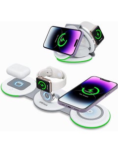 Buy 3 in 1 Wireless Charger Foldable Pad, 18W Fast Magnetic All in One Travel Charging Station with Magsafe for iPhone 15/14/13/12/ Series for iWatch 8 7 6 5 4 3 2 SE, White in UAE