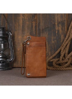 Buy New Zipper Handheld Leather Wallet Large Capacity Card Bag Head Layer Vegetable Tanned Cowhide Wallet in Saudi Arabia