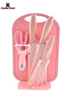 Buy 7-Piece Wheat Straw Kitchen Knife With Cutting Board Set Pink in UAE