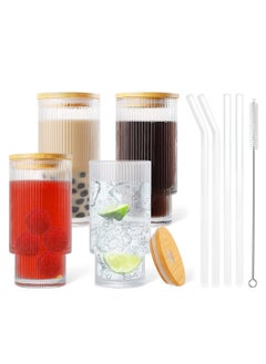 Buy Drinking Glasses with Glass Straws and Bamboo Lid 450 ML (Set of 4) in UAE