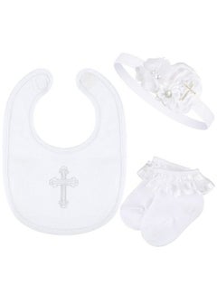 Buy 3 Pcs Baby Girl Cross Embroidered Christening Outfit White Bibs Socks Pearl Headband For Baby Baptism Party White 06 Months in Saudi Arabia