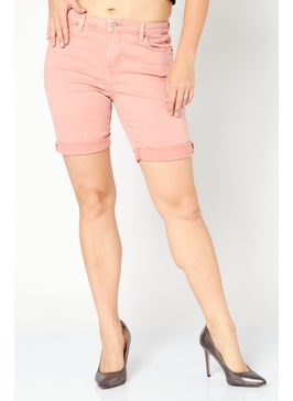 Buy Women High Rise Solid Denim Shorts, Peach in UAE