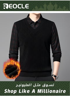 Buy Lapel Pullover Sweater Warm Sweater Men's Fleece Top Winter Holiday Two-piece Thickened Middle-aged and Elderly Father's Clothing in Saudi Arabia