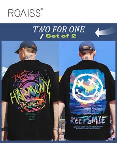 Buy 2Pcs Men's T-shirt Loose Version Trendy All-Match Pattern Printing Short Sleeves in Saudi Arabia