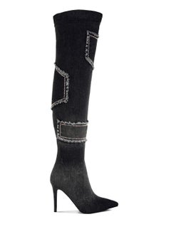 Buy Rhinestones Knee High Denim Boots in Black in UAE