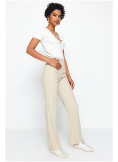 Buy Mink Straight Cut High Waist Ribbed Stitched Woven Trousers TWOSS21PL0093 in Egypt