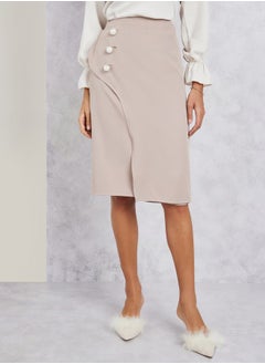 اشتري Solid Faux Pearl Button Detail Midi Skirt في السعودية