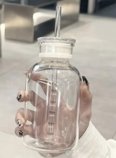 Buy 550ml Transparent Glass Water Bottle: Portable, Cute Design with Straw, Handle, Silicone Sleeve, Time Marker, and Scale. Aesthetic and Creative Juice Cup in UAE