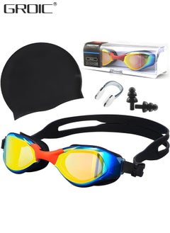 اشتري 5-PCs Adults Swim Set Including Swim Goggles, Swimming Caps, Ear Plug, Nose Clip and Storage Box, Anti Fog Swim Goggles with Silicone Nose Clip Ear Plugs No Leaking for Adults في الامارات