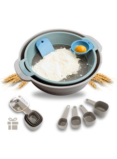Buy Large Flour Sifter Set With 4pcs Measuring Cups, Rounded Flour Sieve Set With Stainless Steel Fine Mesh Strainer With a Big Mixing Bowel And Scraper And Egg White Separator in UAE