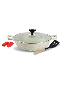 اشتري ROYAL KITCHEN Cresta Non Stick Wok 28 cm – 5 Pcs White Marble Coated Diecast Karahi Set with Nylon Spoons & Pot Holder, Tempered Glass Lids, Food Grade, Stylish Design, Durable, Dishwasher Safe, Bio Plus System, Energy Efficient في الامارات