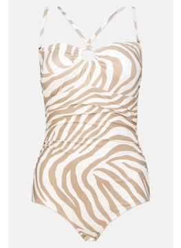 Buy Women Animal Pattern Padded One Piece Swimwear, White/Brown in UAE