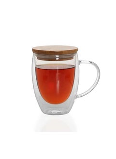 اشتري Double Wall Borosilicate Glass Cup With Bamboo Lid Clear 350 ml في الامارات