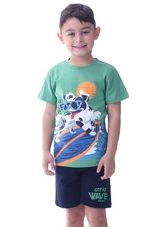 Buy Victor & Jane Boys' Comfortable 2-Piece T-Shirt & Shorts Set (2-8 Years)- Green & Navy, 100% Cotton in UAE