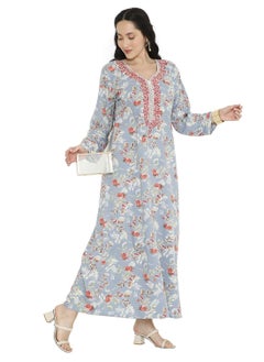 Buy THREAD EMBROIDERY WITH COLOURFULL PRINTED DESIGN LONG VISCOSE ARABIC KAFTAN JALABIYA DRESS in Saudi Arabia