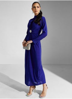 Buy Mock Neck Buckle Belted Dress in UAE