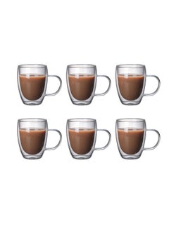 Buy 6-Piece Double Wall Glass Cup Set With Handle Clear 340ml in UAE