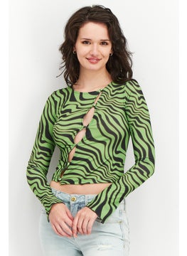 اشتري Women Round Neck Long Sleeve Cut Out Printed Top, Green/Black في الامارات