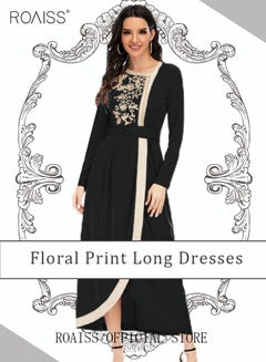 Buy Maxi Dress for Women Long Sleeve Dress Waist Belt Asymmetric Neck Casual Loose Floral Print Long Dresses Embroidered Lace Beaded Flared Sleeve Lace-up Long Dress Black in Saudi Arabia
