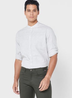 Buy Long Sleeve Grandad Collar Linen Shirt in Saudi Arabia