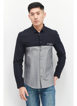 اشتري Men Slim Fit Embroidered Long Sleeve Casual Shirts, Navy/Grey في الامارات