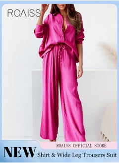 اشتري Ladies Comfortable Cotton Linen 2 Piece Suit for Daily Commute - Shirt and Wide Leg Pants Set with Simple Loose Fit Design for Leisure في الامارات