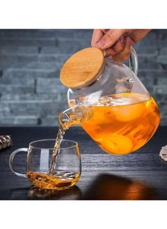 اشتري Glass Water Pitcher With Bamboo Lid, 1800ML Glass Water Kettle, Glass Teapot With A Filter Coil, For Tea Coffee, Stovetop & Fridge Safe في مصر