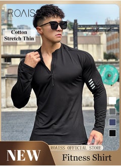 Buy Men Quick Dry and Breathable Round Neck Sweatshirt with Quarter Zip Long Sleeve Athletic Shirts Slim Fit Top for Running Basketball Workout Gym in UAE