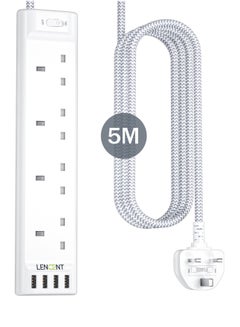 Buy LENCENT 5M Extension Lead with USB Slots, 4 Way Outlets Power Strip with 4 USB Ports, Multi Power Plug Extension with 5M Braided Extension Cord for Home Office, 3250W 13A in UAE