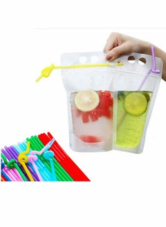 Buy 50 Pcs Drink Pouches with Straws Stand Up Hand Held Translucent Reclosable Heat Proof Plastic Zipper Juice Bags - 9.06" x 5.12"/17 Oz in Saudi Arabia