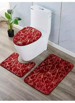 Buy 3-piece bathroom rug set with marble design includes a bathroom rug + toilet cover + anti-slip door mat, in multiple shapes and colors. in Egypt