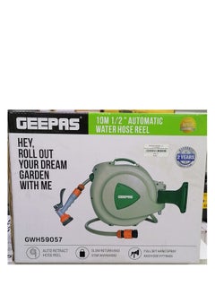 اشتري GEEPAS Auto-Retracting Water Hose Reel With Level Track White/Green 10meter في الامارات