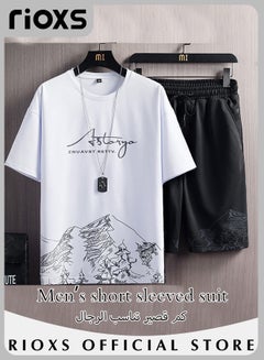 Buy Men's 2 Pieces Summer Sets Trendy Printed City Sketch T-shirt & Elastic Waist Downstring Shorts for Teens Daily Wear in UAE