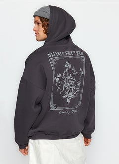 Buy Anthracite Oversize/Wide Cut Hooded Floral Printed Fleece Sweatshirt TMNAW24SW00100 in Egypt