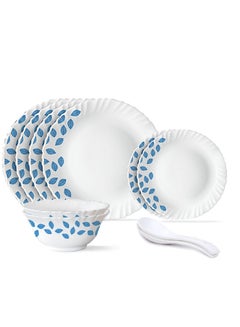 Buy 10 Pieces Opalware Dinner Sets- Microwave & Dishwasher Safe-Blue Leaves Dinnerware set with 4-Piece Full Plate/2-Piece Side Plates/ 2-Piece Soup Bowls/2-Piece Spoons- White in Saudi Arabia