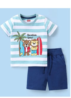 Buy Babyhug Single Jersey Knit Half Sleeves T-Shirt & Shorts Set with Striped & Animal Print - Blue(9-14M&2-6Y) in UAE