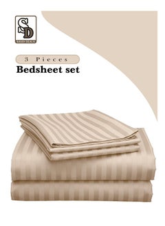 Buy 3 Piece Luxury Cream Striped Bed Sheet Set with 1 Flat Sheet and 2 Pillowcases for Hotel and Home Crafted from Ultra Soft and Breathable Cotton for Year-Round Comfort, (Single/Double) in Saudi Arabia