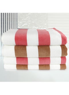 اشتري 4 Piece Bathroom Towel Set TREND 450 GSM 100% Cotton Velour 4 Bath Towel 70x140 cm Pink & Brown Color Modern Stripe Design Luxury Touch Extra Absorbent في الامارات