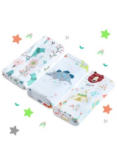 Buy 3 Packs Baby Swaddle Blanket Unisex Swaddle Wrap Soft Silky Bamboo Muslin Swaddle Blankets Neutral Receiving Blanket for Boys and Girls, Large 47 x 43 inches（Sika Bear/dinosaur/Fox） in UAE