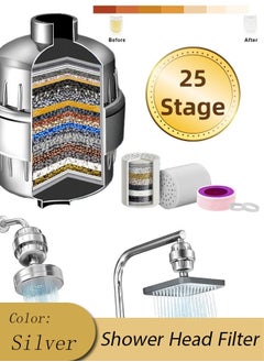 Buy 25 Stage Universal Shower Head Filter For Hard Water Filtered Shower Head Softener With 2 Replaceable Filter Cartridges High Output Water Softener To Remove Chlorine And Fluoride Purifying Softening Water, Silver in Saudi Arabia