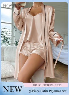 Buy 3 Piece Ice Silk Satin Pajama Set Women'S Daily Suspender Shorts And Long Sleeve Robe Set Home Wear in UAE