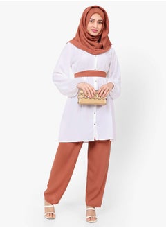 Buy MODEST TWO PIECE DRESS WITH SCARF AND BELT SOLID COLOUR ARABIC KAFTAN JALABIYA DRESS in Saudi Arabia