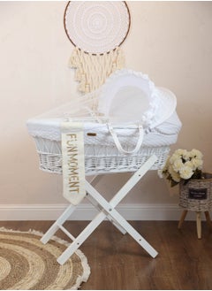 Buy Baby cradle Moses basket for children with mosquito net with wooden holder white color foldable in Saudi Arabia